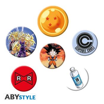 DRAGON BALL - Badge Pack - Mix Begleiten Sie Goku, Gohan, Trunks und Vegeta im Kampf! Die Saiyajins, die mächtigste Kriegerrasse der Welt, sind in diesem Abzeichen von ABYstyle zusammen mit den kultigsten Emblemen aus der Serie zu sehen!